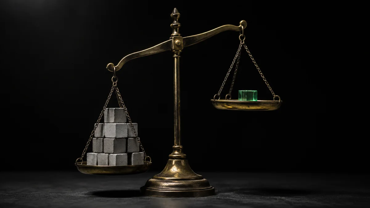 Siyah bir yüzeyde duran eski bir pirinç terazi; bir kefesi sade gri blok yığınıyla aşağı inmiş, diğeri tek bir küçük zümrüt yeşili cam küple yukarıda kalmış